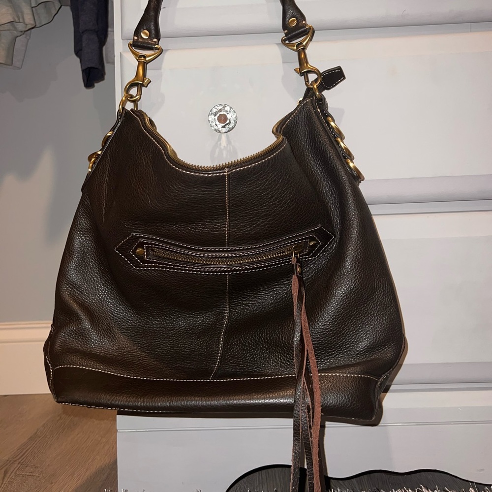Brown leather shoulder bag with gold hardware